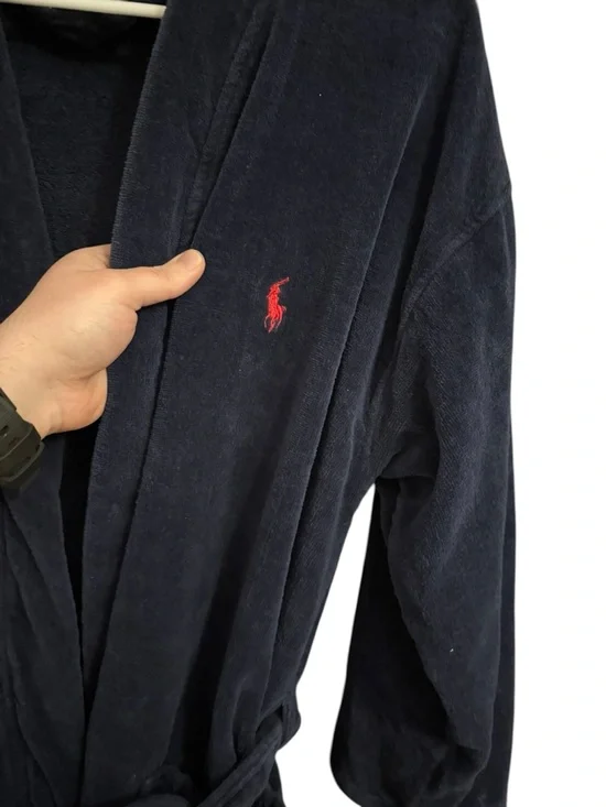 Polo Ralph Lauren Robe Small Medium Navy Blue Cotton Terry Cloth Spa Bathrobe - Picture 2 of 6